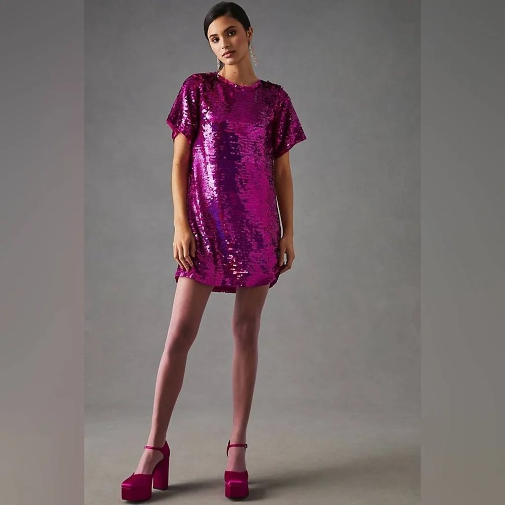 Anthro Verb by Pallavi Sequins Shift Mini Dress Short Sleeve Fuchsia Pink